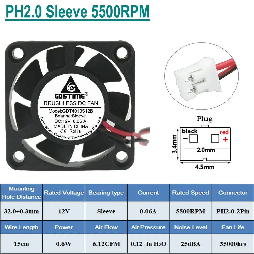 10 штук в партии Gdstime DC 12V 2Pin 4 см 40x40x10 мм 40 мм 4010 маленький Бесщеточный Охлаждающий вентилятор - Цвет лезвия: 2Pin Sleeve 5500RPM