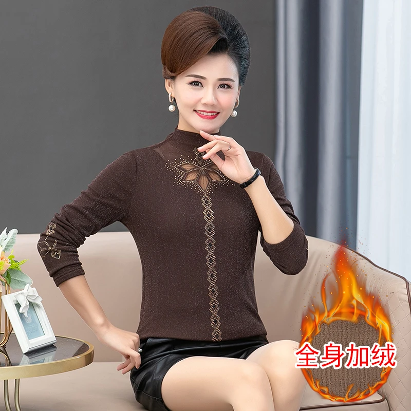 

Женская теплая бархатная рубашка среднего и пожилого возраста на осень и зиму с полувысоким воротником, футболка, популярный свитер