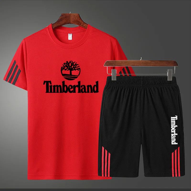 

2021 Men Casual Set Fashion 2 PCS Sweat Suit Striped Short Sleeve T-shirt Shorts Sets Male Sportswear Tracksuit Summer Spor