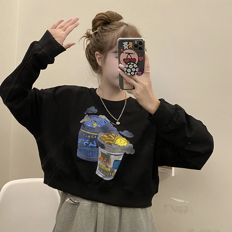 

fashion print white crop top autumn Women's Clothing new Korean casual loose Hoodies o-neck long sleeve Sweatshirts pullovers