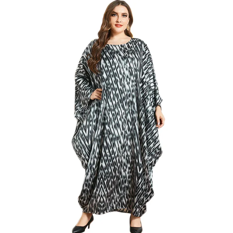 

Plus Muslim Printed Long Dress Kaftan Abaya Oversized Bat Sleeve Arab Jilbab Robe Gown For Women Ladies Casual Islamic Clothing