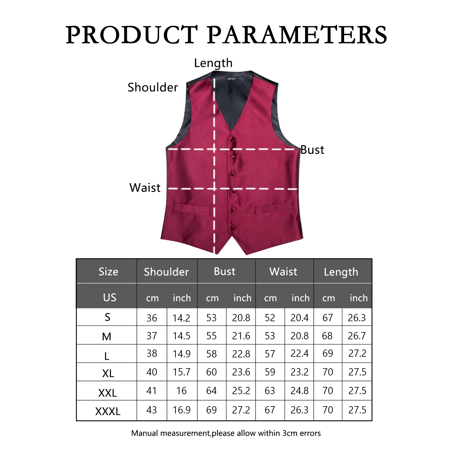 Шелковый мужской жилет для взрослых классический однотонный красный с карманом