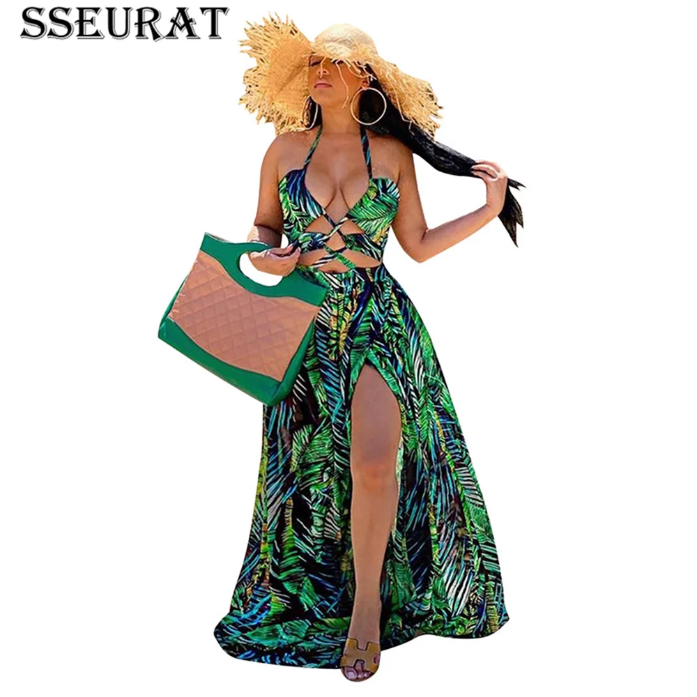 

SSEURAT летнее женское длинное Макси платье с v-образной горловиной, с принтом, для ночного клуба, вечерние, для пляжа, сексуальное, элегантное п...