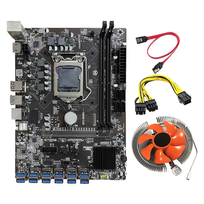 

B250C BTC Mining Motherboard 12 USB3.0 to PCI-E16X Graphics Slot LGA1151 DDR4 DIMM with CPU Fan+6 to 8Pin Power Cable