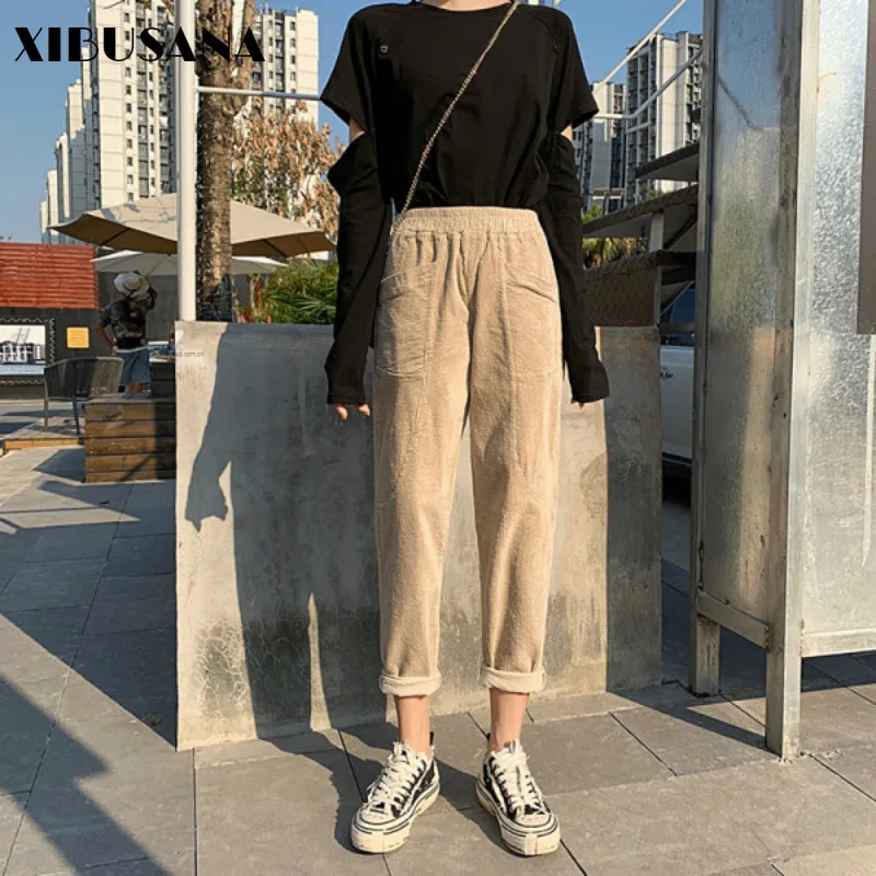 

XIBUSANA Casual Streetwear Harem Pants Women Autumn Regular Elastic Waist Corduroy Radish Daddy Pants Ladies Ankle-Length Pants
