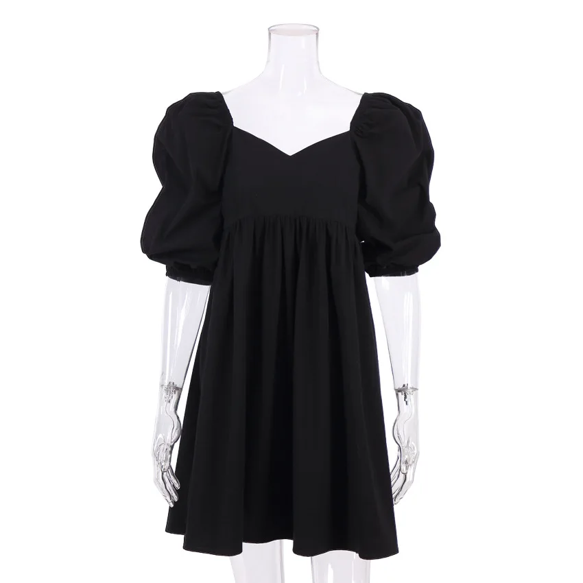 

New Loose Temperament V-neck French Skirt Pure Cotton Bubble Sleeve Solid Color Dress