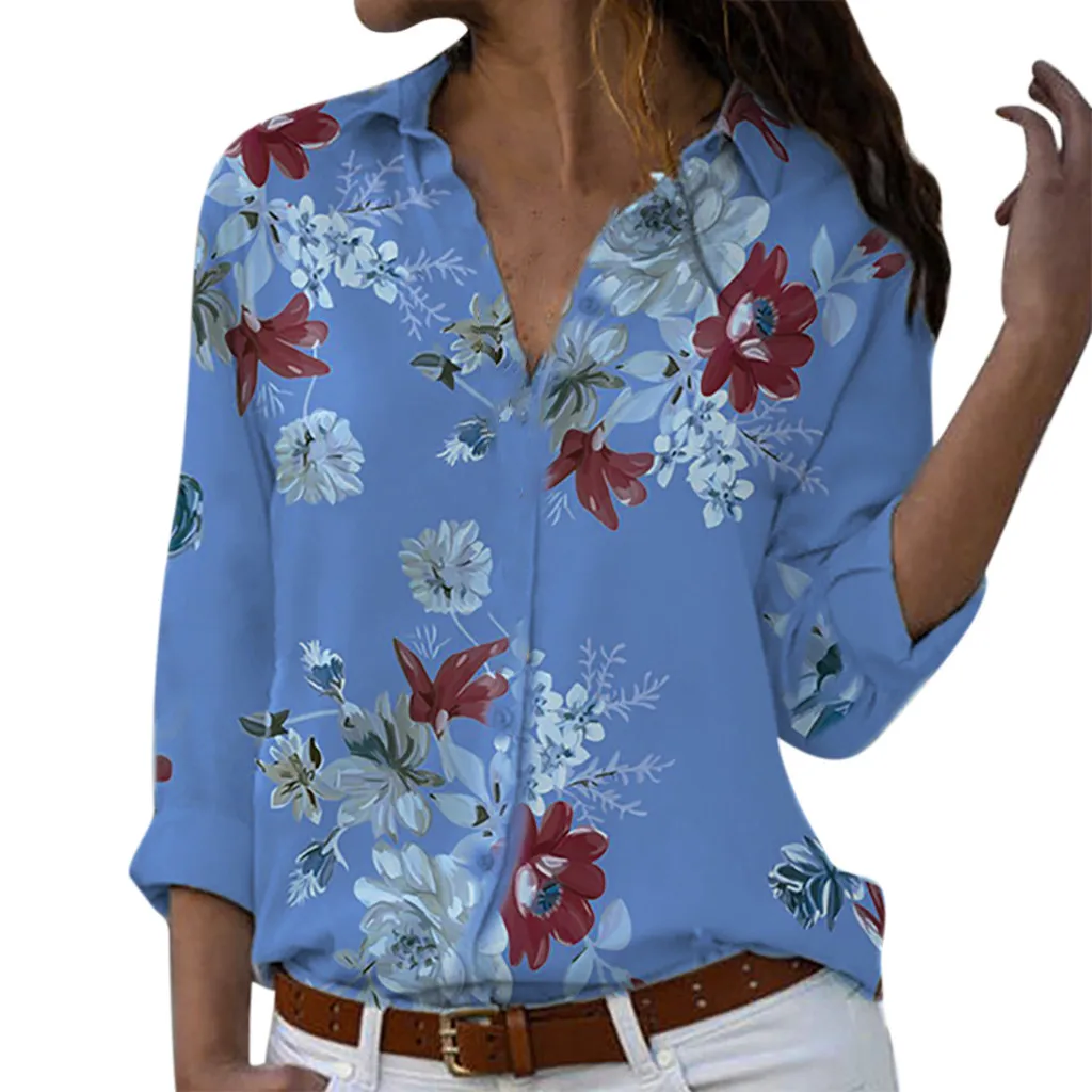 

Elegant Blouses Women Plus Size Loose Print V-neck Print Button Blouse Pullover Tops Shirt Blusas Femininas De Verao