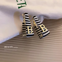 925 silver needle japan and south korea personality versatile square leather black white stripe letter b earrings female