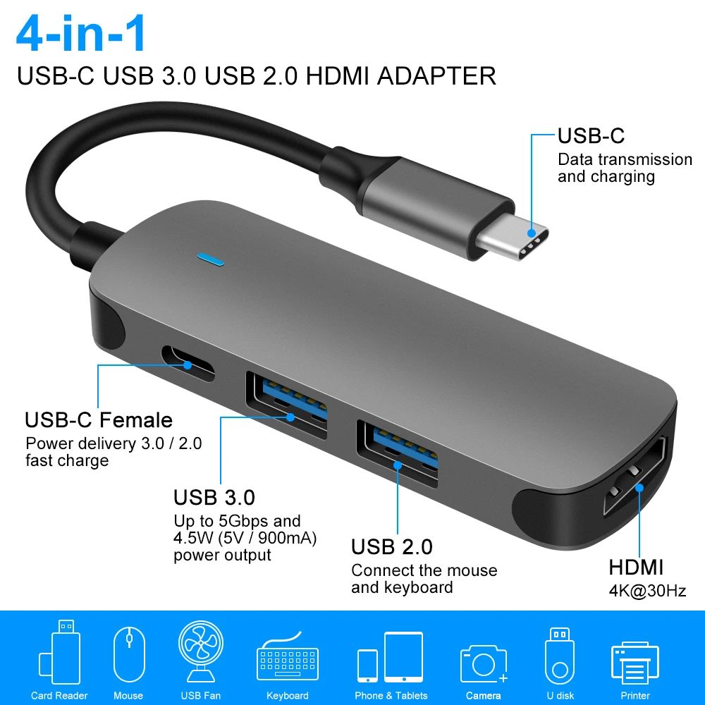 

4IN1 USB-C концентратор Тип C до 4K HDMI 3,5 мм аудио разъем адаптер кабель-Переходник USB C на USB 3,0 2,0 60 Вт Тип-C док-станция для ноутбука для Macbook