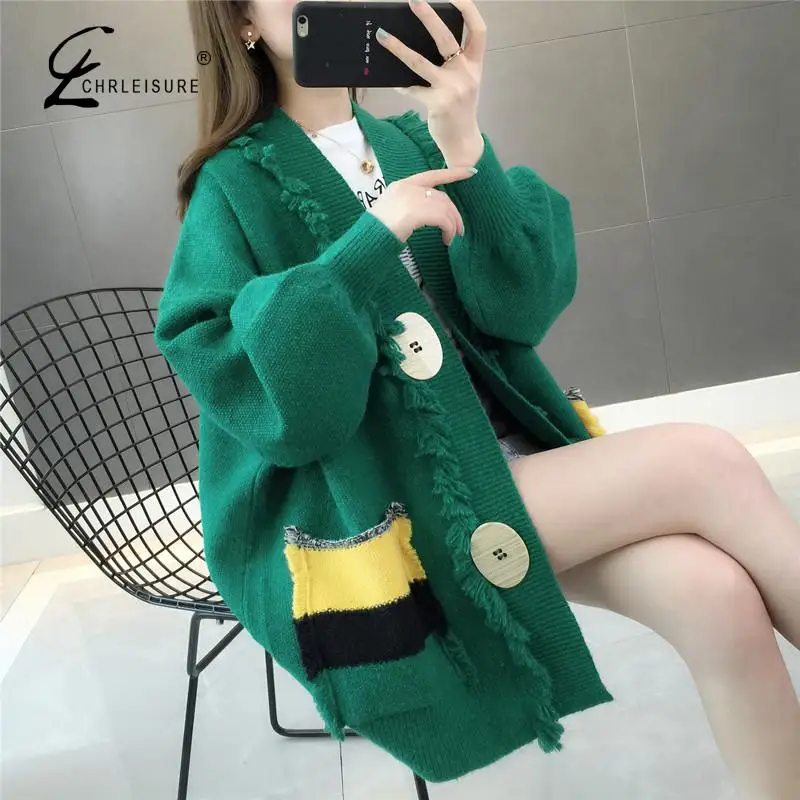 CHRLEISURE женский свитер, свободные топы, длинный вязаный кардиган, кардиган, осенняя зимняя куртка, повседневная одежда