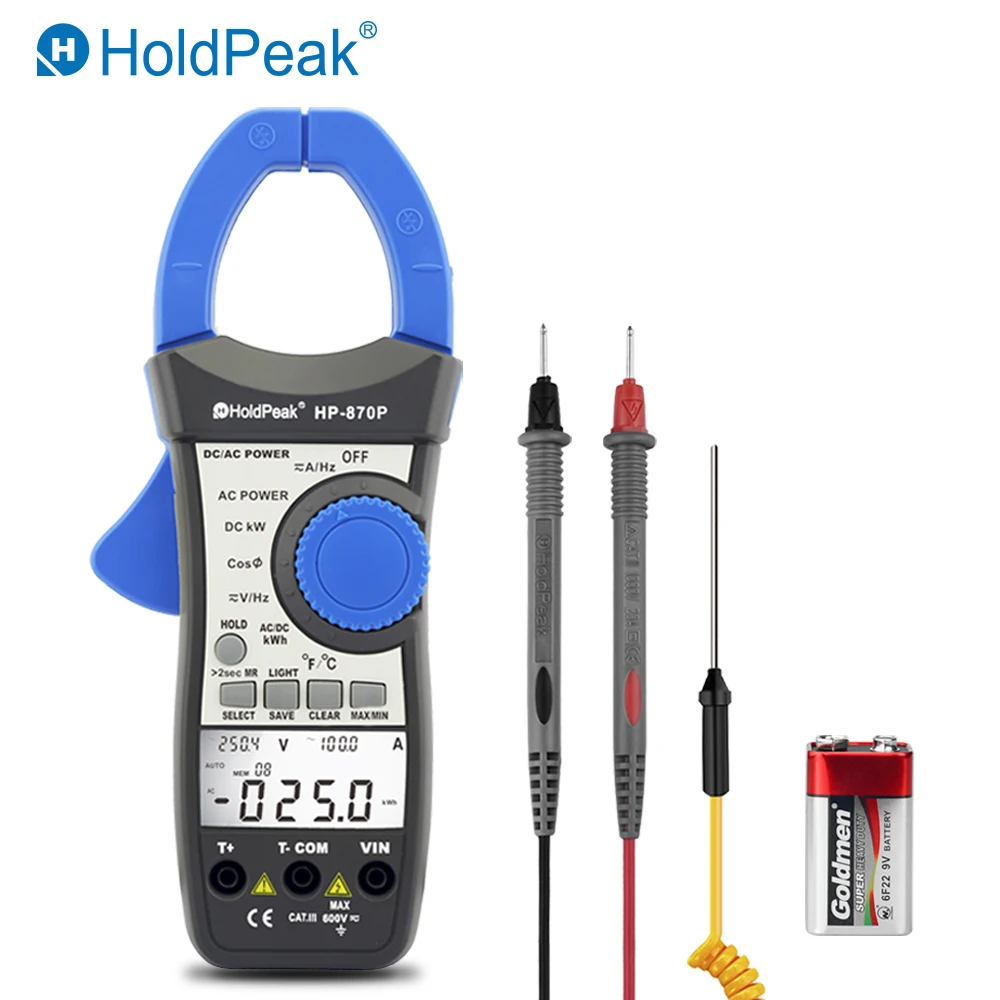 HoldPeak HP-870P измеритель мощности Вольтметр переменного/постоянного тока 999.9A Амперметр тестер электронный мультиметр активная энергия диагностический инструмент