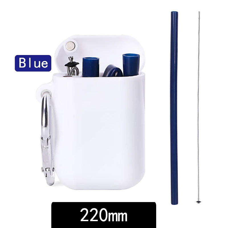 220mm blue Портативные складные соломинки для питья, аксессуары для бара, многоразовые силиконовые соломинки для вечерние, для офиса, путешествий, с щеткой для чистки, чехол - Цвет: 220mm blue
