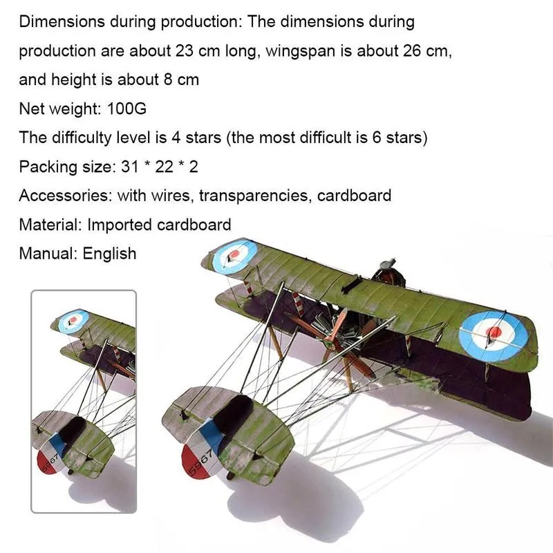 

1:33 British Airco Dh.2 Single-seater Biplane Fighter Paper Model Handmade DIY Military Model Educational Toys