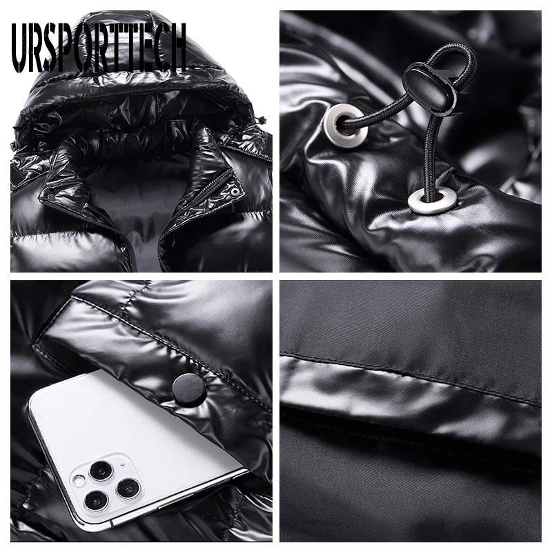 URSPORTTECH New Bright Winter Men's Jacket Hooded Casual Parka Outwear Thicken Warm Outwear Coat Men Clothing