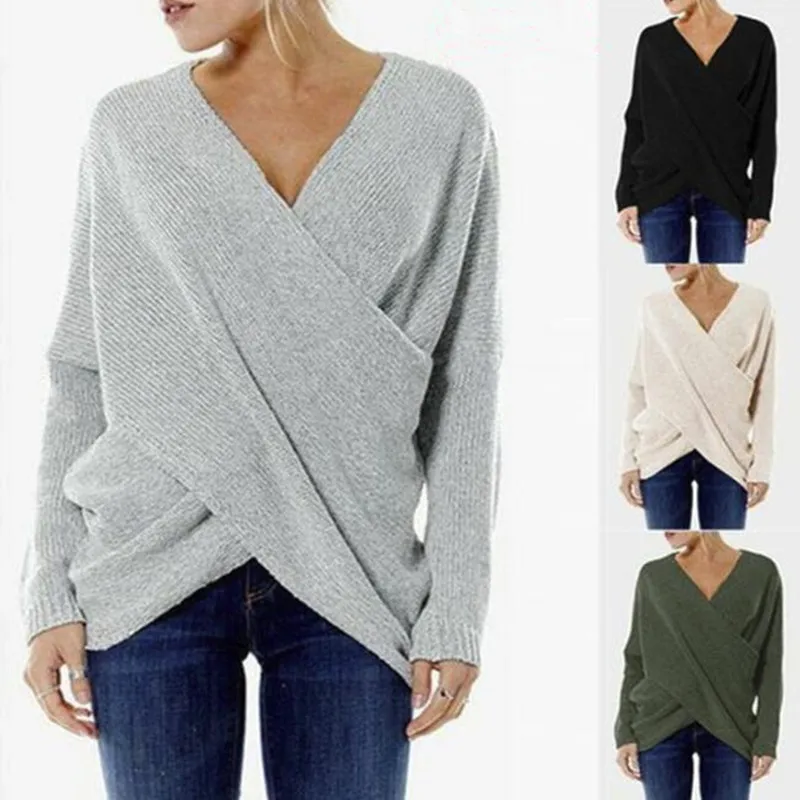 

Sexy Autumn And Winter Women Pullover Sweaters Female Drop-Shoulder Cross Wrap Sweater Thread Slim thin Sweater Tops