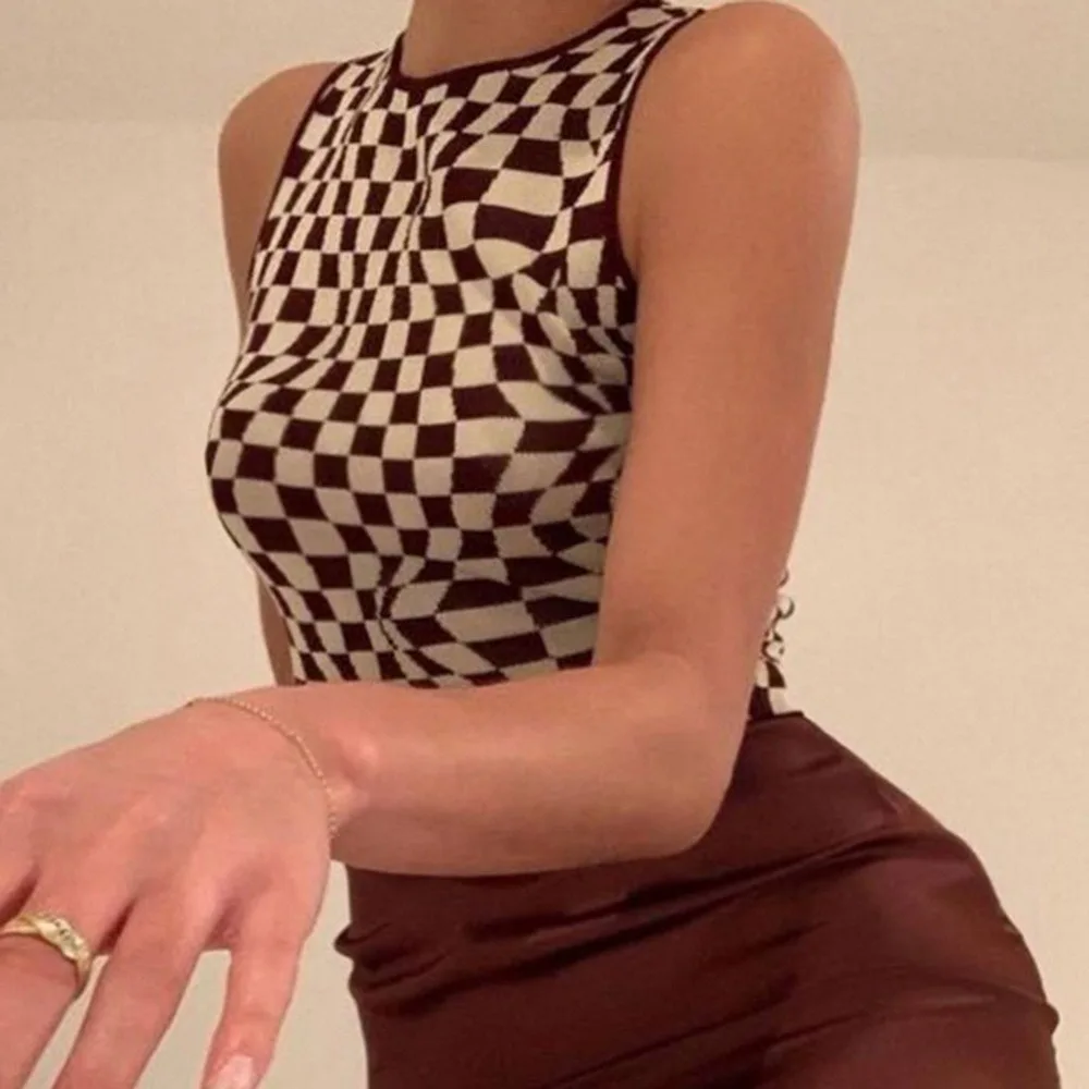 

Plaid Printed Y2K Knitted Women's Tank Tops Summer Harajuku Vintage Crop Tee Streetwear Aesthetic Cute Shirts 2021