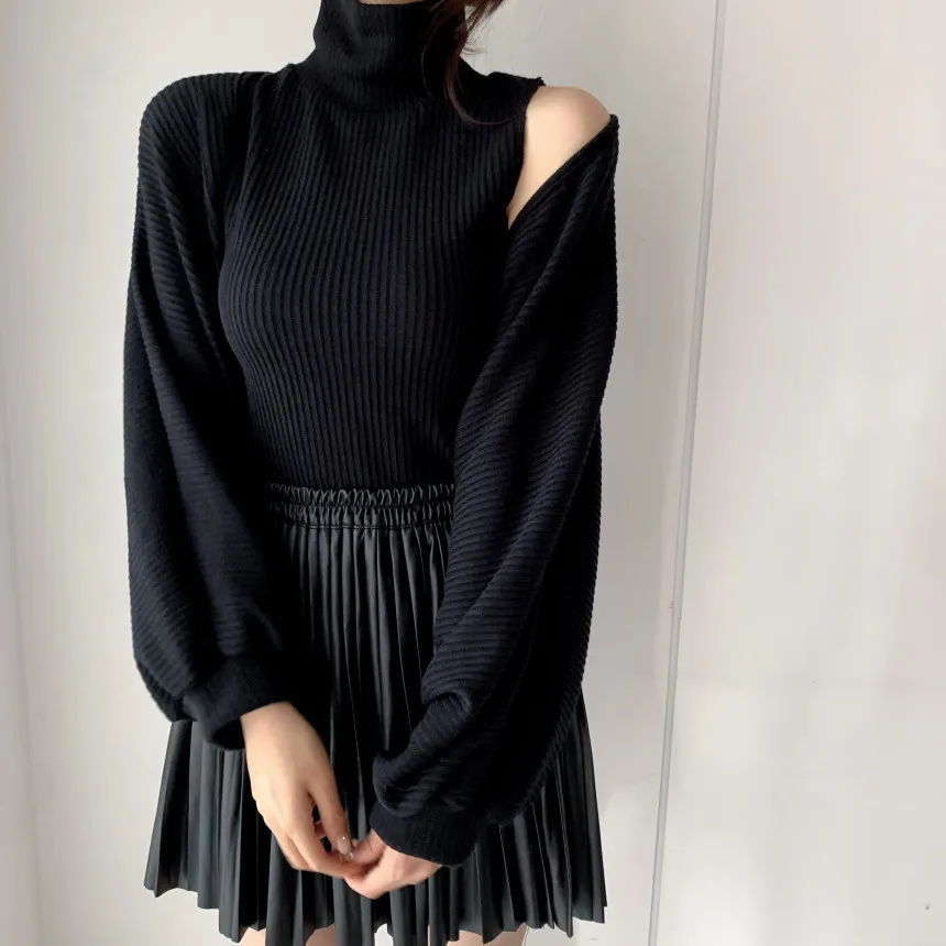 

Harajuku Turtleneck Pullovers Vest Knitted Sweaters Retro Loose Female Jumper Femme Tops Clothe With Bat Sleeve Shawl