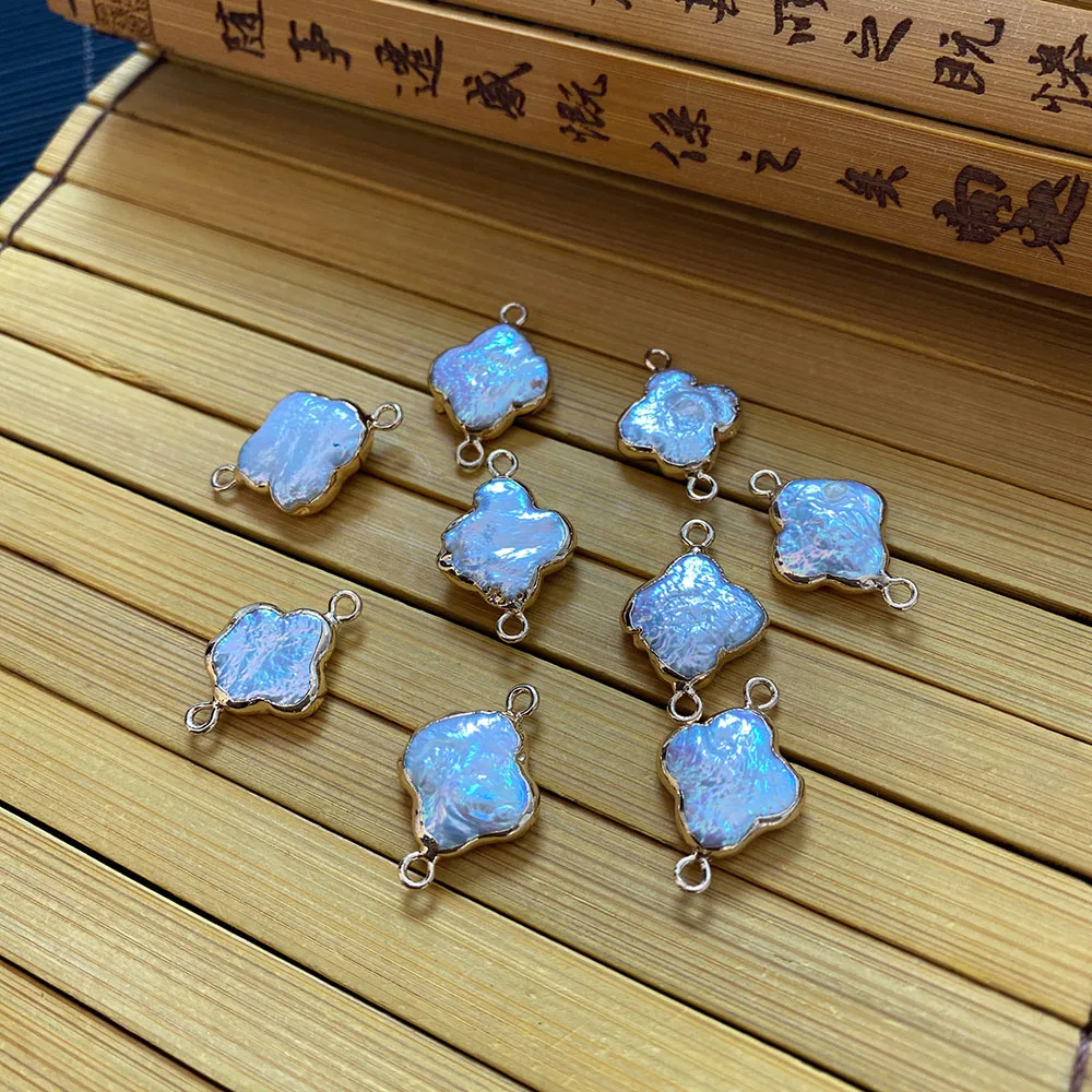 

Natural Freshwater Pearl Double Hole Connector DIY Charm Lady Necklace Bracelet 3 Piece Plum Flower Pendant Jewelry Making