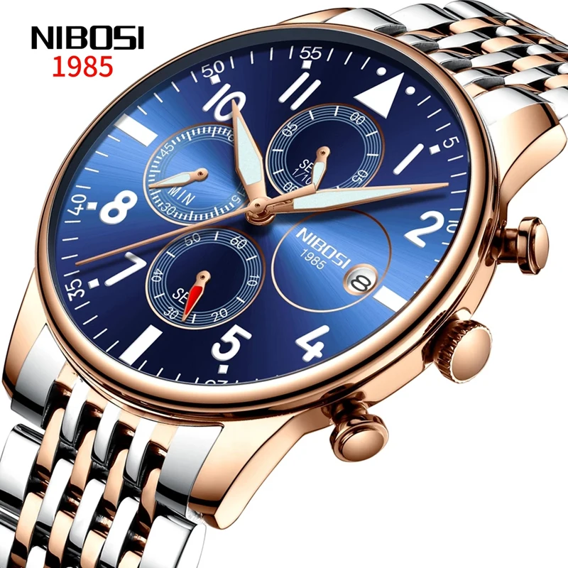 NIBOSI New Fashion Men Quartz Watch Casual Luminous Stainless Steel Strap Waterproof Watches Chronograph Relogio Masculino