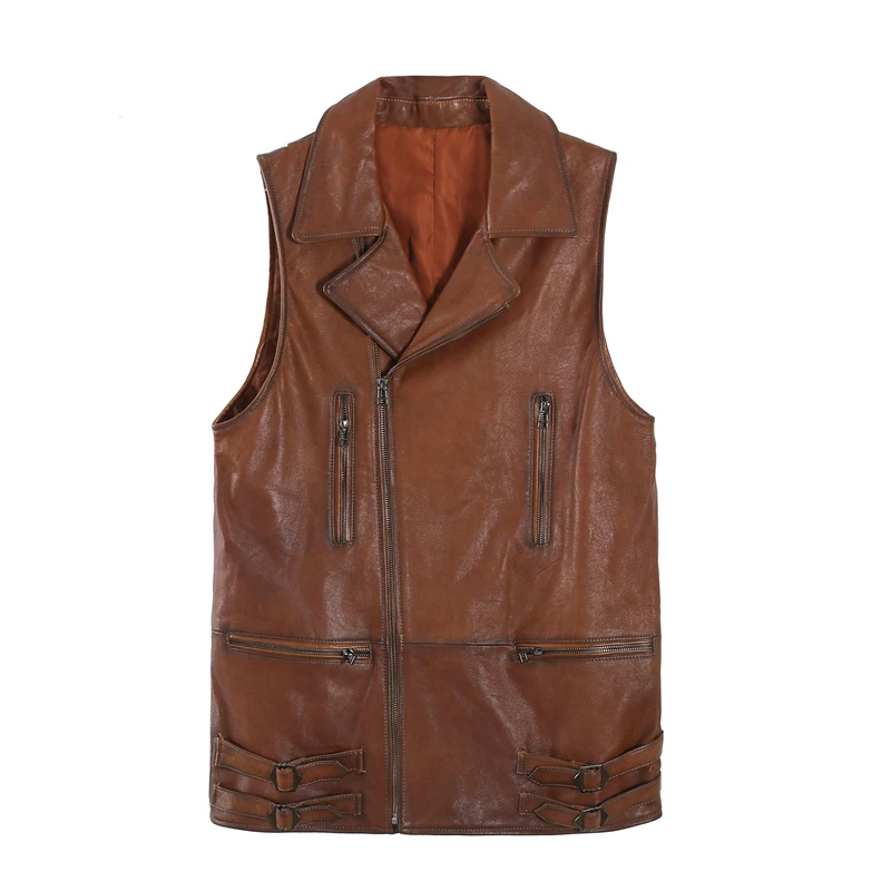 

Waistcoat Mid-Length Sheepskin Office Lady Lapel Multi-Zippers Sleeveless Jacket Women Fit Genuine Leather Vests Autumn Winter