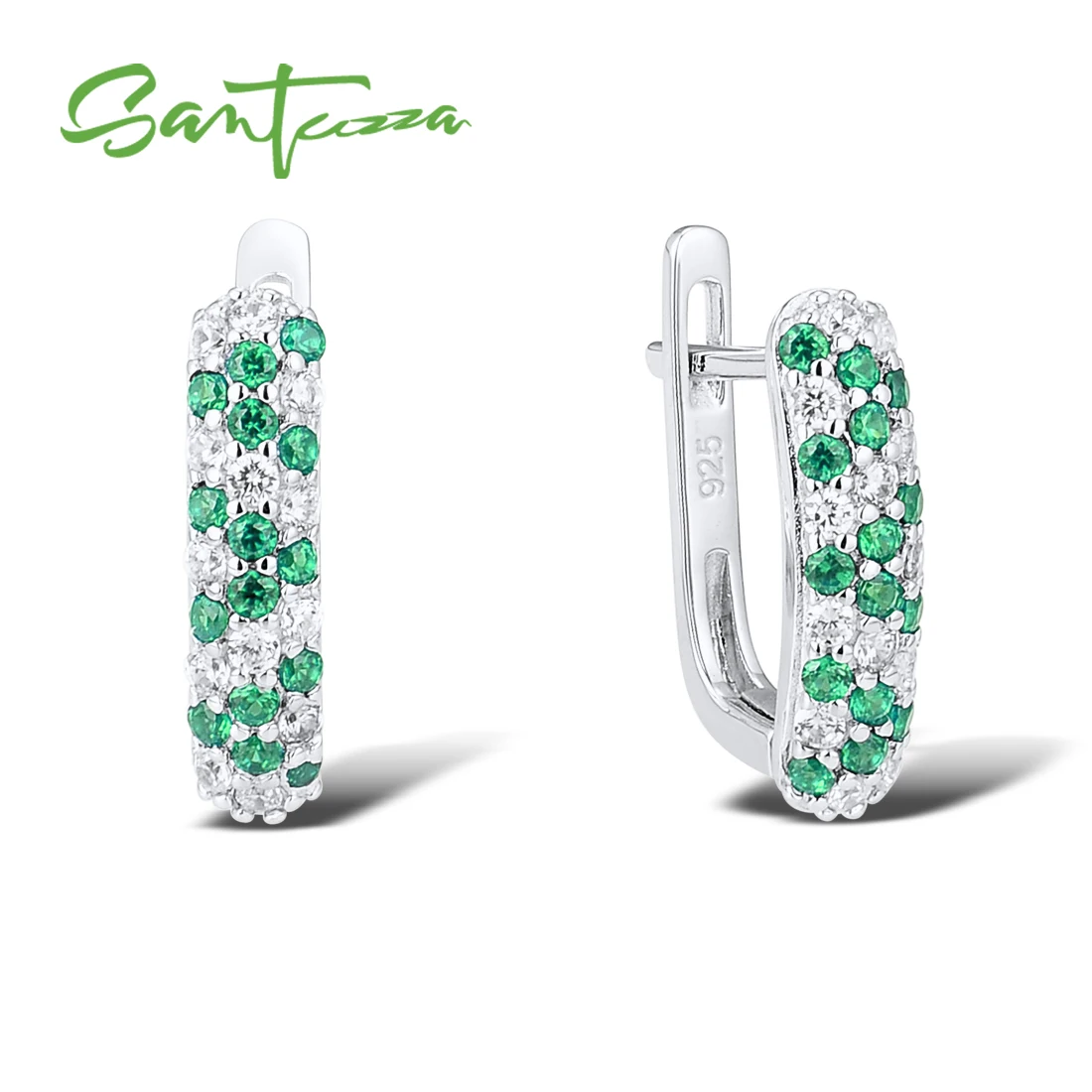 

SANTUZZA 925 Sterling Silver Stud Earrings For Women Shiny Green Spinel White Cubic Zirconia Trendy Party Fashion Fine Jewelry