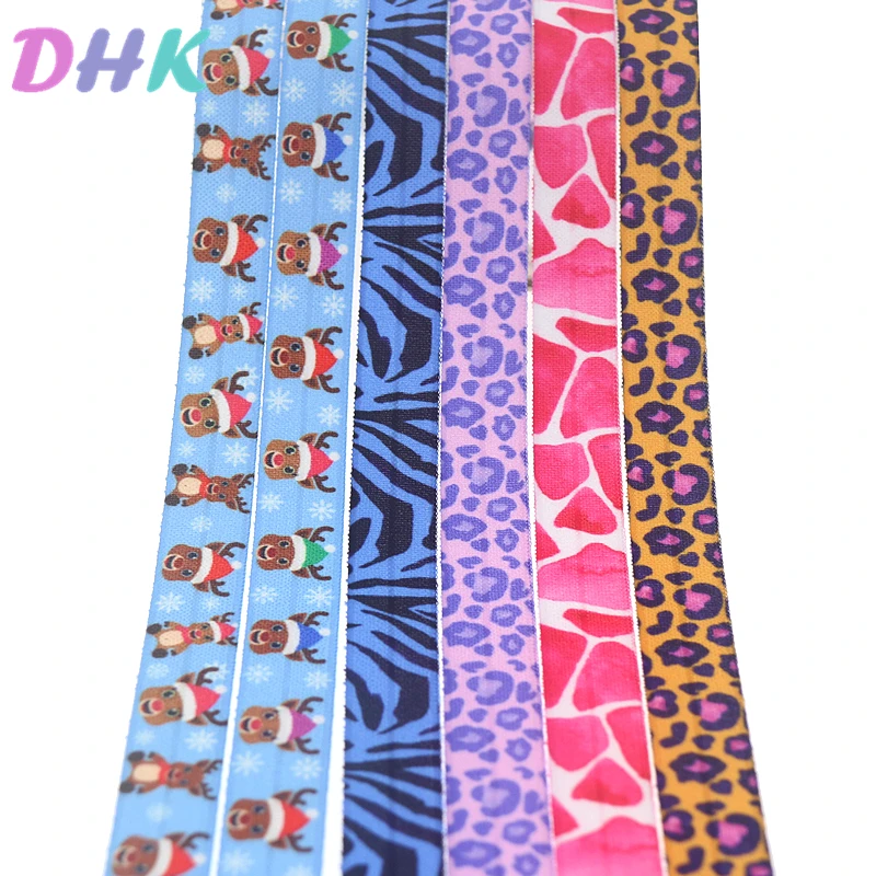 

DHK 5/8'' 5yards leopard christmas printed Fold Elastic FOE stretch ribbon hairbow headwear headband DIY OEM E1720