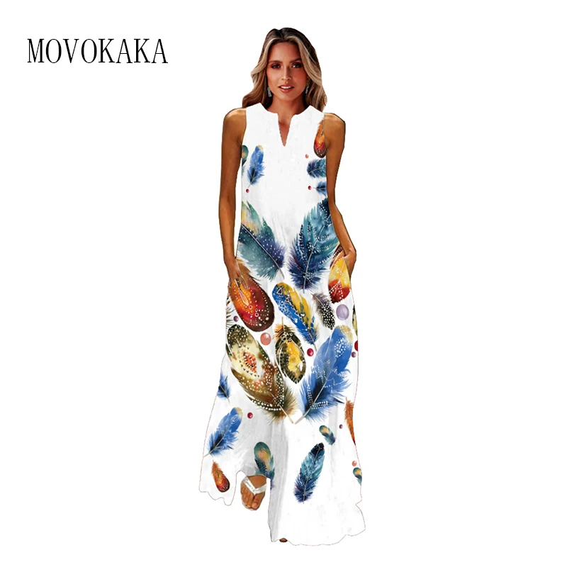 

MOVOKAKA Spring Summer White Dress Casual Holiday Beach Long Dresses Woman Party Elegant Sleeveless Feather Print Fashion Dress