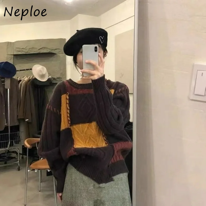 

Женский винтажный свитер в клетку, трикотажный пуловер составного кроя с длинным рукавом и круглым вырезом, Осень-зима 2021