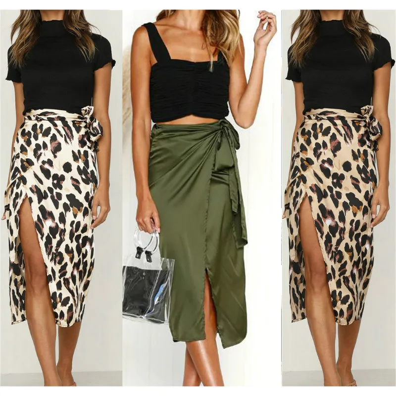 Популярная женская юбка с высокой талией и леопардовым принтом длинная разрезом