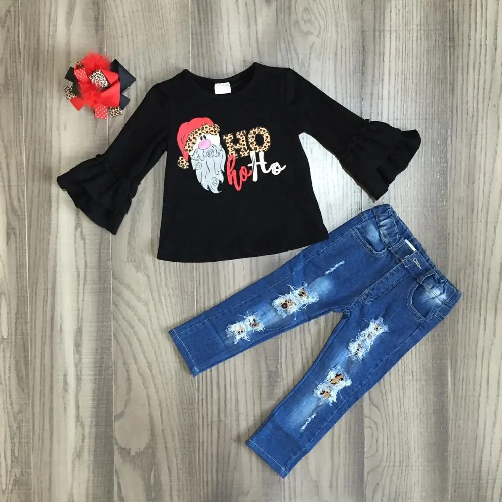 Рождество осень/зима для маленьких девочек Санта Клаус леопард черный HOHOHO наряды