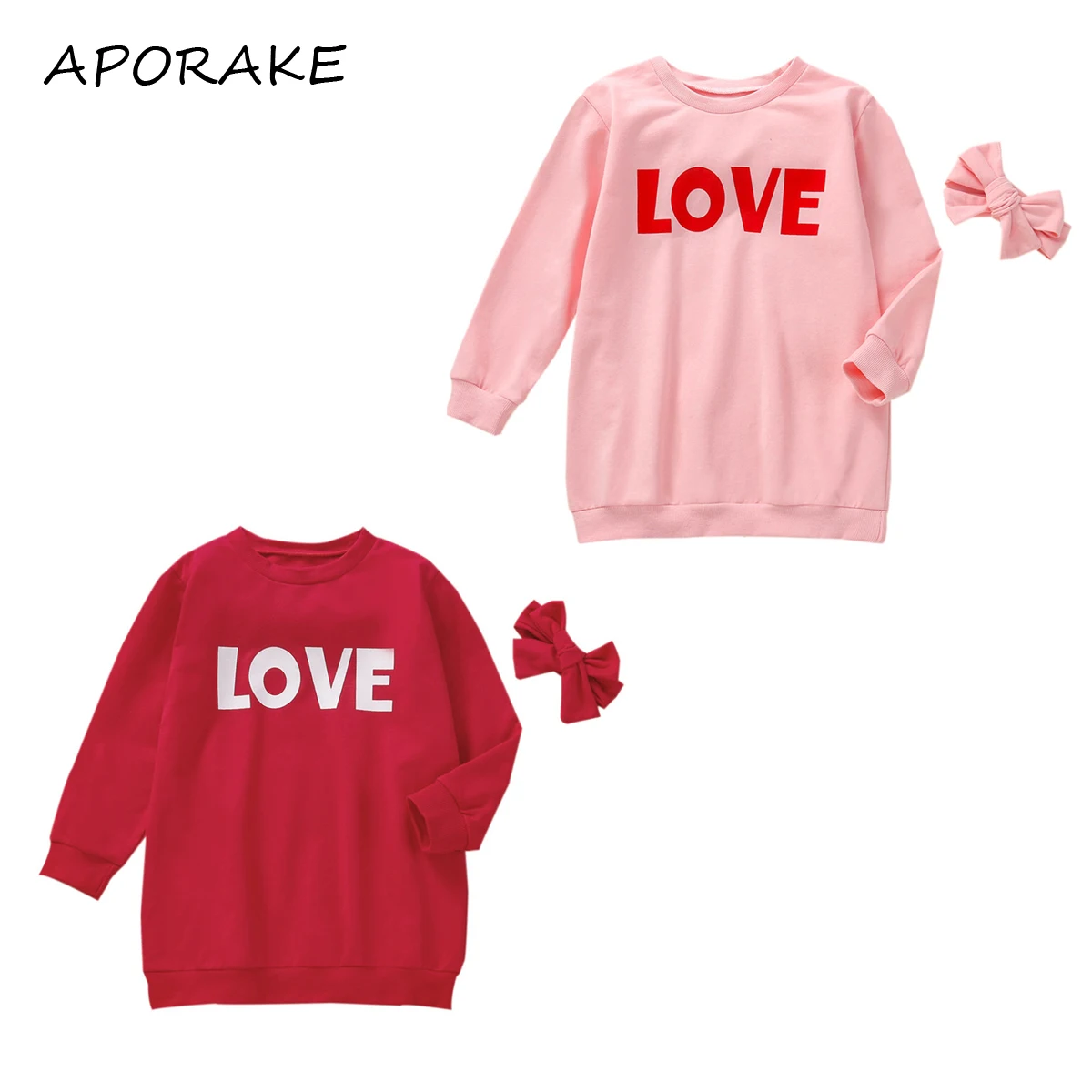

2021 0-6Y Casual Toddler Girls Dress Sweatshirt LOVE Letter Print Long Sleeve O Neck Red/Pink Loose Dress+Headband Spring Fall