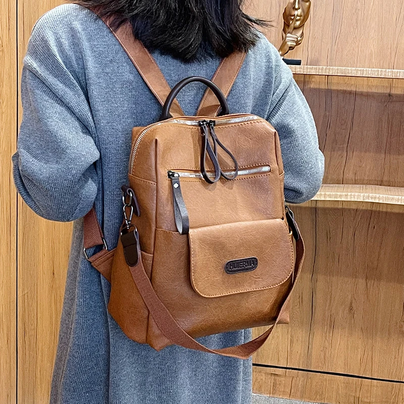 

New Fashion Women Backpack Pu Leather Travel Backpacks Female Retro Shoulder Bag Solid Color School Bags Rucksack For Girls