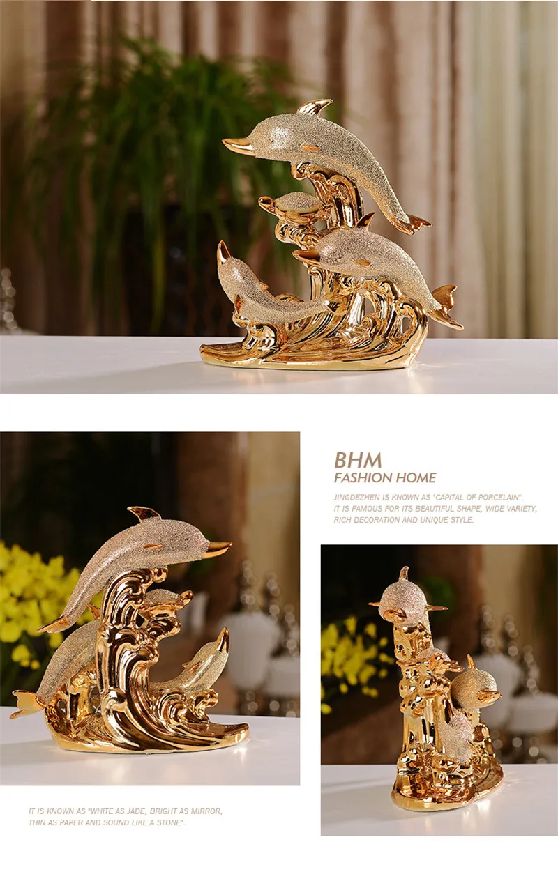 

[VIP]Modern Home Decoration Ceramic Gold-plated Dolphin Ornament Wine Cabinet Furnishings Decor Crafts Couple Gifts