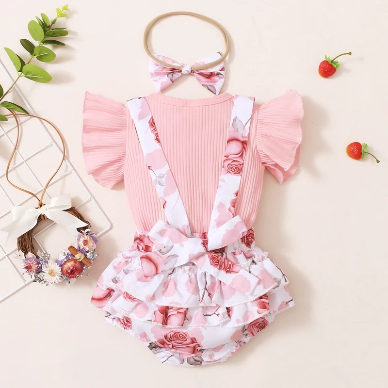 

2021New Summer Newborn Baby Girls Casual Flare Sleeve T-shirt Tops+Floral Print Strap Shorts+Headband Suits Costume Set