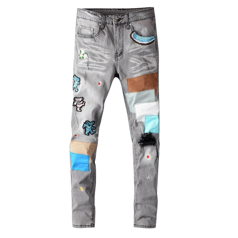 

Men's Bear Embroidery Patchwork Gray Jeans Streetwear Embroidered Slim Skinny Stretch Denim Pants 28-40