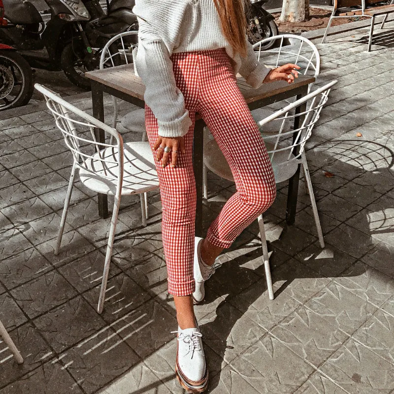 Красные клетчатые повседневные обтягивающие спортивные штаны женские леггинсы