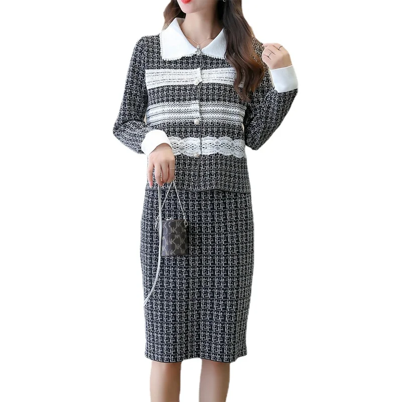 

Casual knitted suit Autumn and winter color matching long-sleeved knitted cardigan + skirt two-piece fashion women's clothing