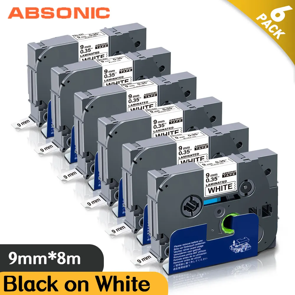 Absonic 6PK 221 ламинированная этикетка для Brother черного цвета на белом 9 мм кассеты