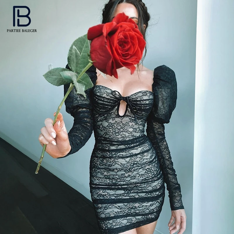 

PB Trendy Lace Mini Dress Lace-up Design Long Sleeves Square Collar Celebrity Party Club Vestido Free Shipping