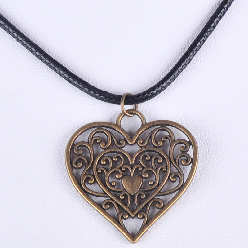 Винтажная антикварная бронзовая филигрань ожерелье с кулоном в виде сердца