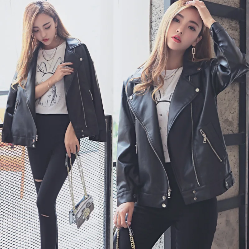 

loose leather coat versatile short coat student Leather women's Korean version women's motorcycle wear PU leather jacket show