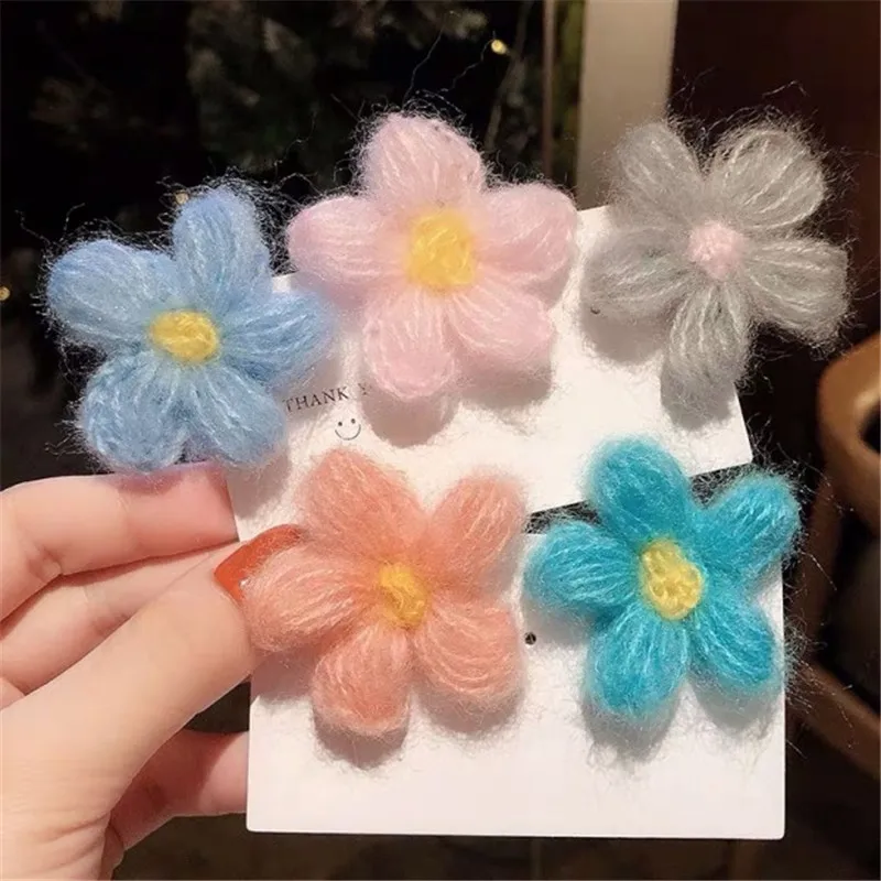 5pcs light color M MISM, 2 шт., Хит, корейский стиль, Осень-зима, шерсть, вязаный крючком, сладкий цветок, заколка для волос, BB зажим для девушек, женщин, милые заколки, аксессуары для волос - Цвет: 5pcs light color