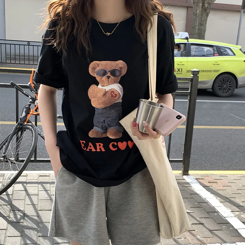 

Bear print short sleeve T-shirt women's summer loose age reducing casual top