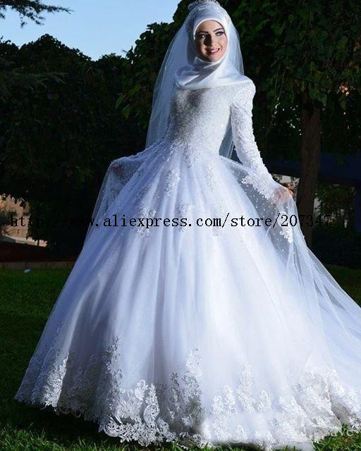 2019 Robe De Mariee New Muslim Long Sleeves A-line Wedding Dresses Lace Appliques Corset Back Plus Size Arabic Heavey Handworks Custom-Made High Neck
