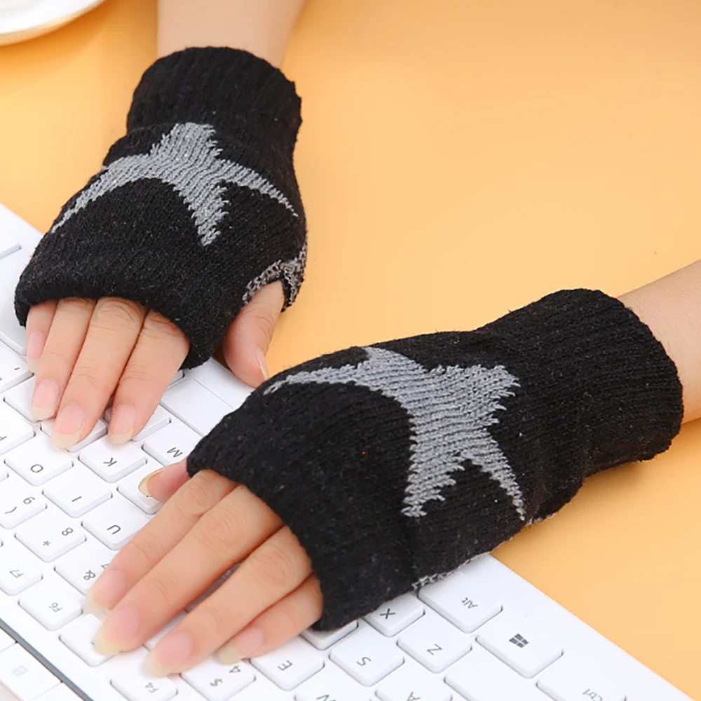 

Winter Warm Gloves Women Keep Half Finger Fingerless Gloves Star Printed Women Wrist Hand Warmer Knitted Gloves
