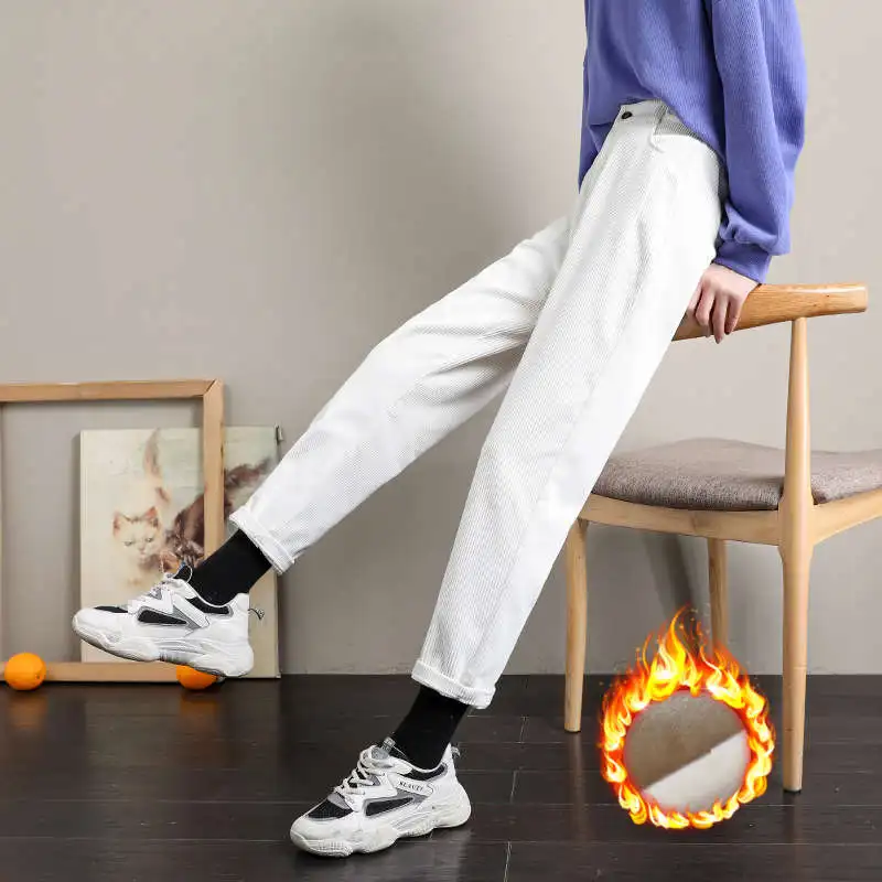 

Женские вельветовые шаровары с высокой талией, винтажные прямые брюки белого и черного цвета, повседневные теплые бархатные женские брюки ...