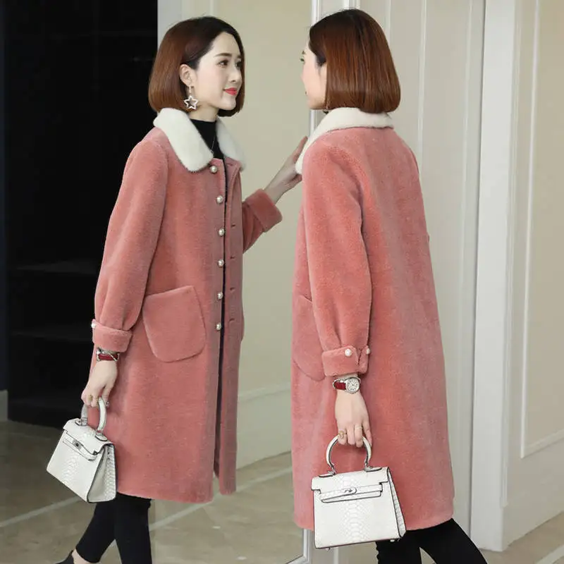 

2019 Winter Women Natural Wool Fur Coat Real Sheep Shearing Fur Coat Genuine Mink Fur Collar Jacket Long Thick Warm Outwear A34