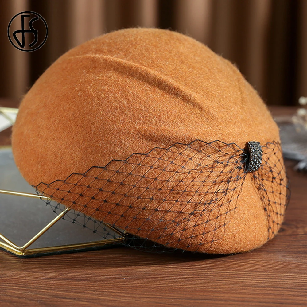 

FS British French Berets Caps For Women Fashion Wool Felt Fedora Hat Winter Orange Church Female Vintage Cloche Hats With Veils