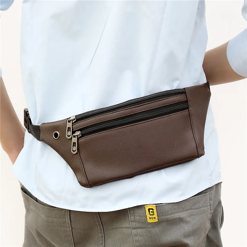 

New Urban Simple Men's Waist Bag PU Leather Three Layers With Earphone Hole Multi Purpose Chest Bag Sports Collect Money Purse