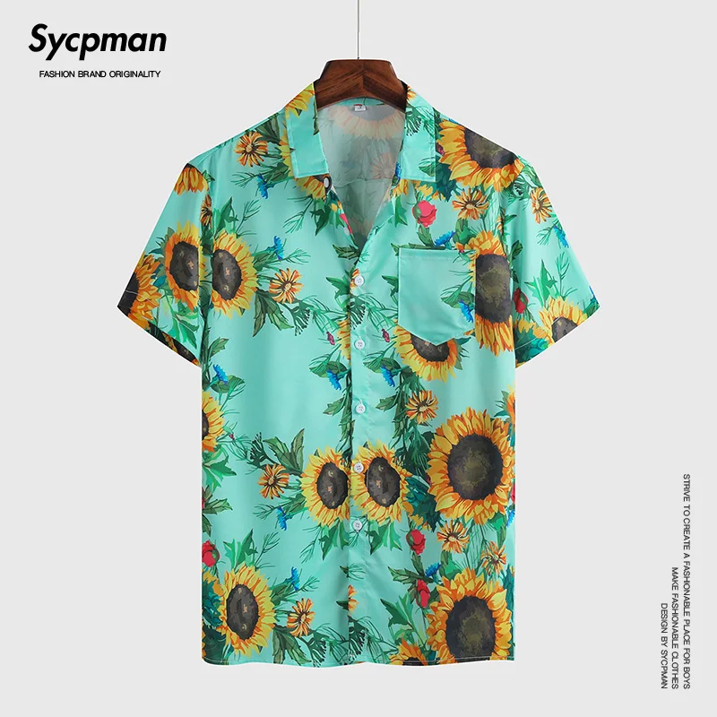 

Summer sunflower green print fresh short sleeve shirt men's personality fashion versatile charm travel dating party business tre